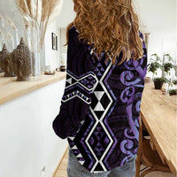 Purple Aotearoa Women Casual Shirt Taniko Motifs With Paua Shell Kowhaiwhai