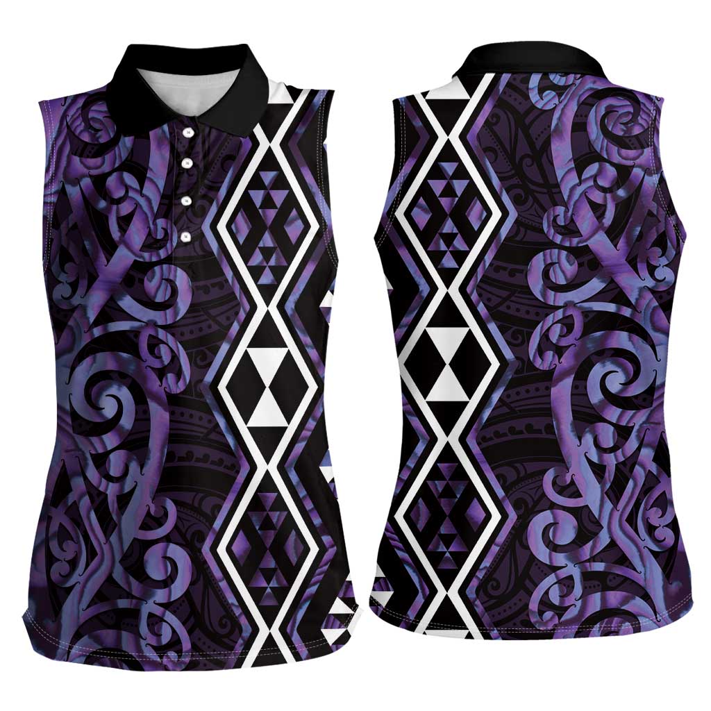 Purple Aotearoa Women Sleeveless Polo Shirt Taniko Motifs With Paua Shell Kowhaiwhai