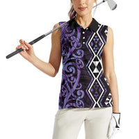 Purple Aotearoa Women Sleeveless Polo Shirt Taniko Motifs With Paua Shell Kowhaiwhai
