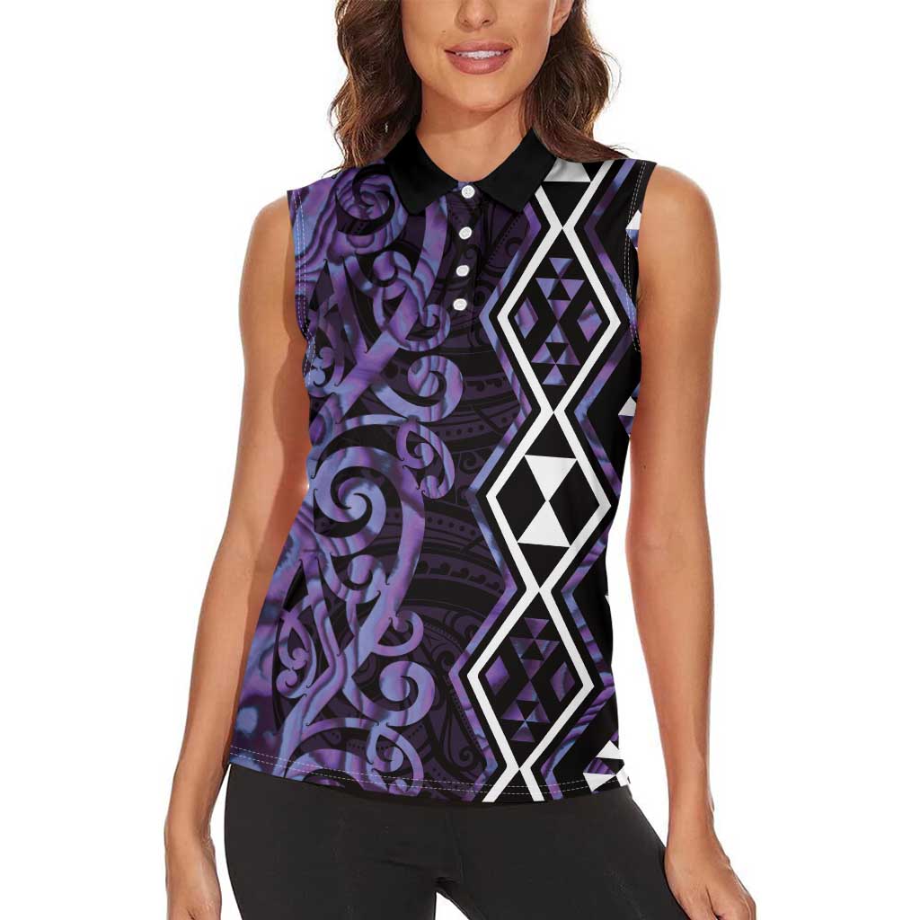 Purple Aotearoa Women Sleeveless Polo Shirt Taniko Motifs With Paua Shell Kowhaiwhai
