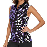 Purple Aotearoa Women Sleeveless Polo Shirt Taniko Motifs With Paua Shell Kowhaiwhai