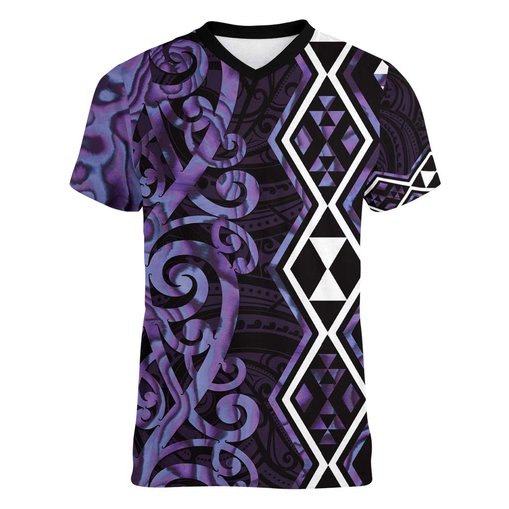 Purple Aotearoa Women V-Neck T-Shirt Taniko Motifs With Paua Shell Kowhaiwhai