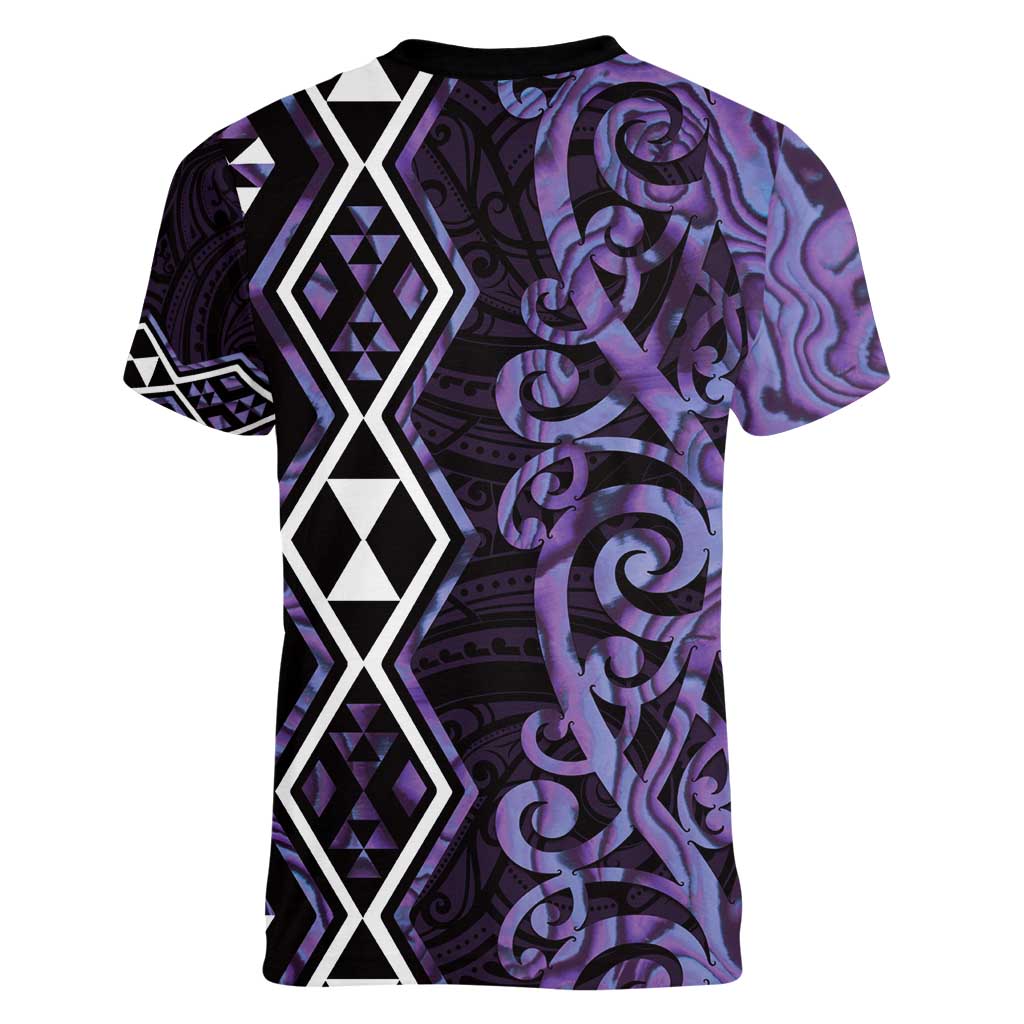 Purple Aotearoa Women V-Neck T-Shirt Taniko Motifs With Paua Shell Kowhaiwhai