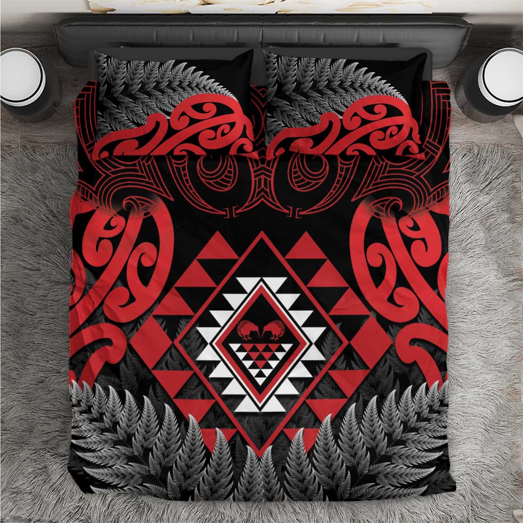 Aotearoa Kiwi Taniko Bedding Set Silver Fern With Maori Koru Pattern LT14 Red - Polynesian Pride
