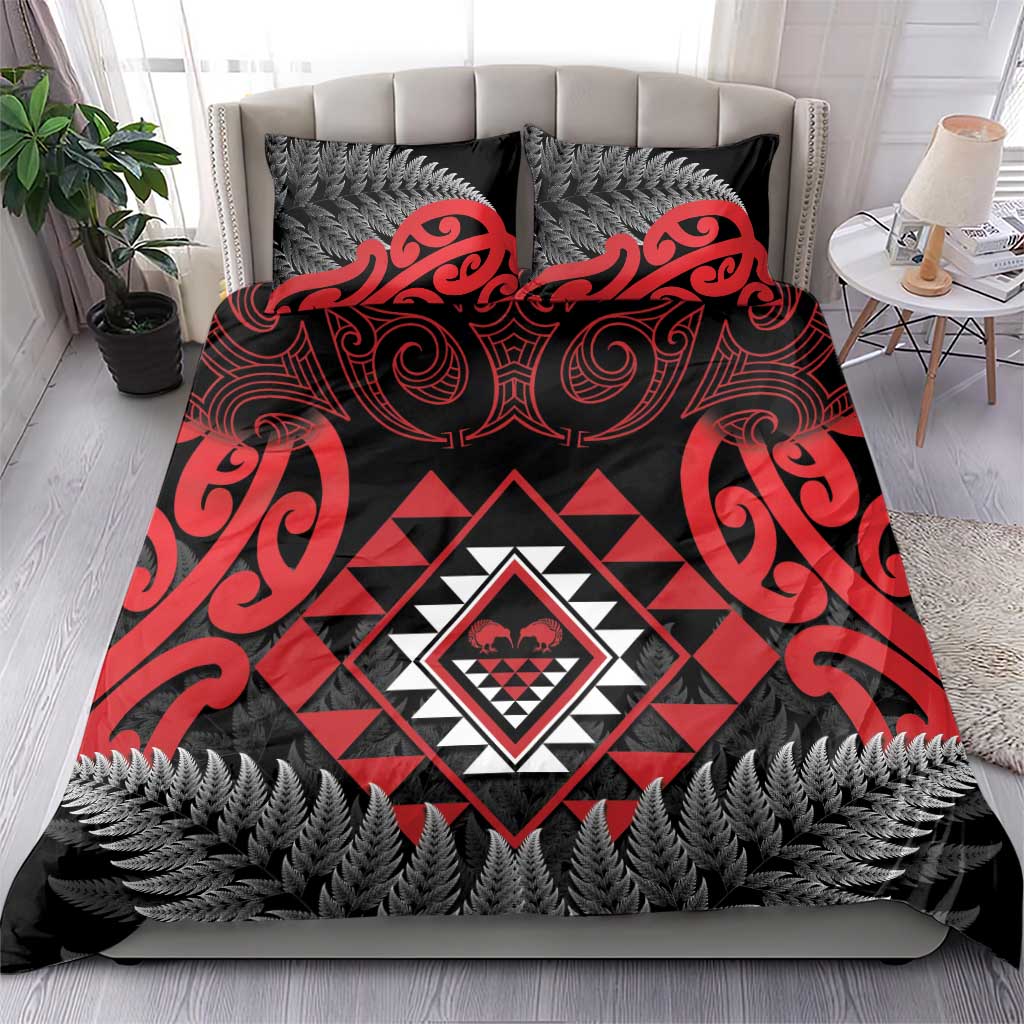 Aotearoa Kiwi Taniko Bedding Set Silver Fern With Maori Koru Pattern