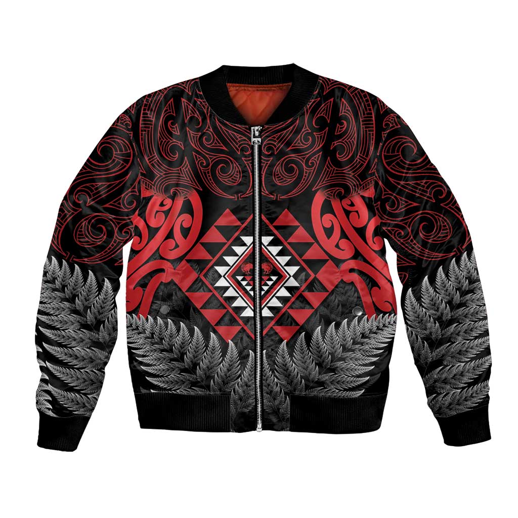 Aotearoa Kiwi Taniko Bomber Jacket Silver Fern With Maori Koru Pattern LT14 Unisex Red - Polynesian Pride