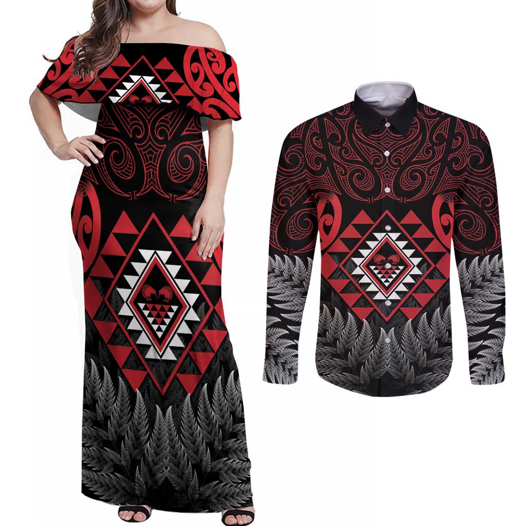 Aotearoa Kiwi Taniko Couples Matching Off Shoulder Maxi Dress and Long Sleeve Button Shirt Silver Fern With Maori Koru Pattern LT14 Red - Polynesian Pride