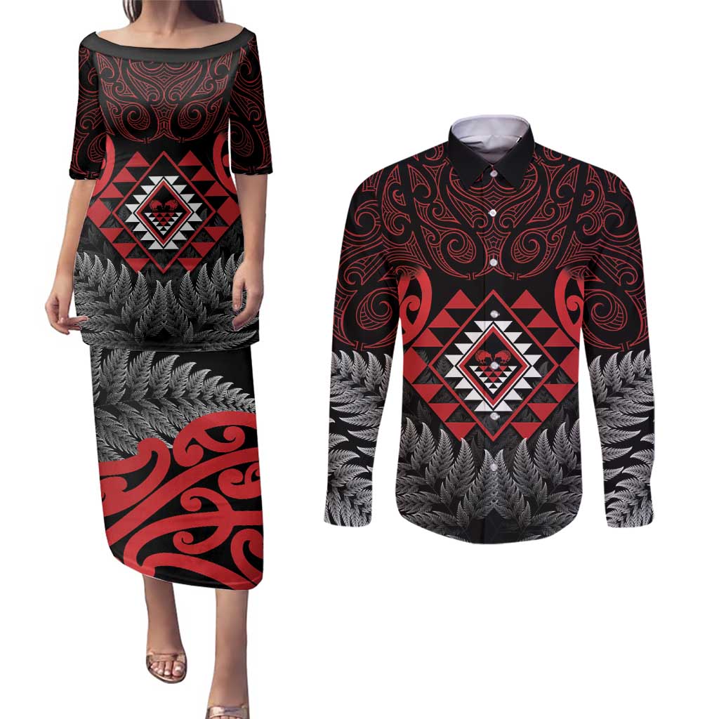 Aotearoa Kiwi Taniko Couples Matching Puletasi and Long Sleeve Button Shirt Silver Fern With Maori Koru Pattern LT14 Red - Polynesian Pride