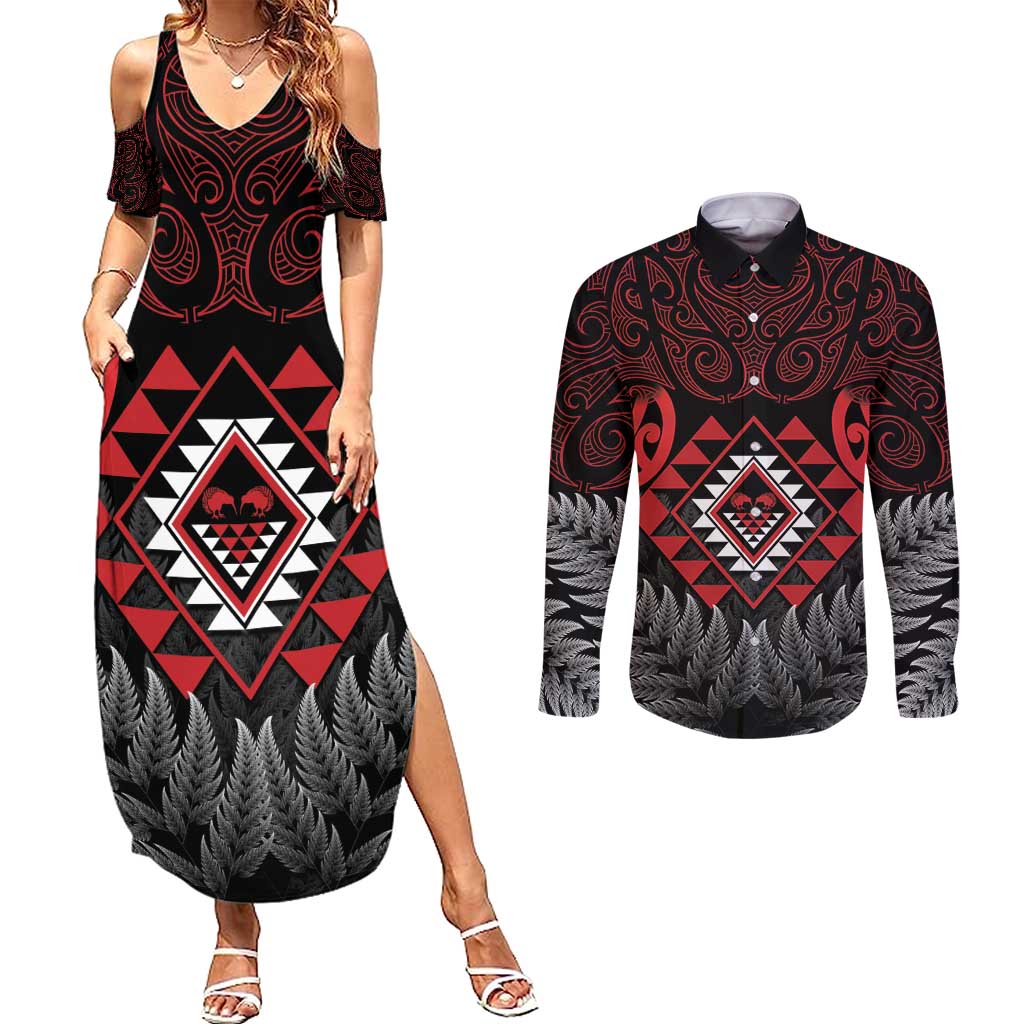 Aotearoa Kiwi Taniko Couples Matching Summer Maxi Dress and Long Sleeve Button Shirt Silver Fern With Maori Koru Pattern LT14 Red - Polynesian Pride