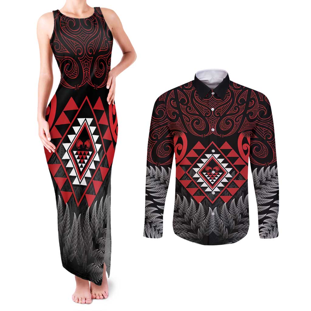 Aotearoa Kiwi Taniko Couples Matching Tank Maxi Dress and Long Sleeve Button Shirt Silver Fern With Maori Koru Pattern LT14 Red - Polynesian Pride