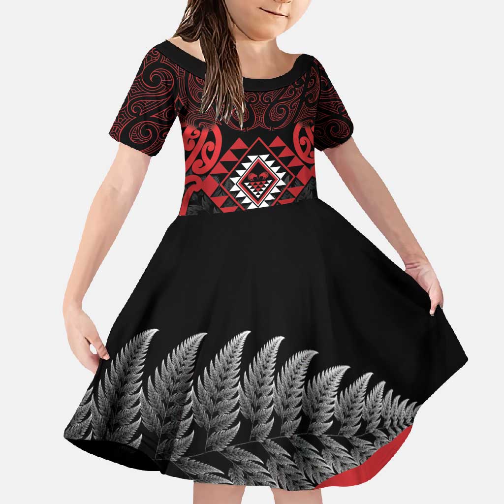 Aotearoa Kiwi Taniko Family Matching Short Sleeve Bodycon Dress and Hawaiian Shirt Silver Fern With Maori Koru Pattern LT14 Daughter's Dress Red - Polynesian Pride