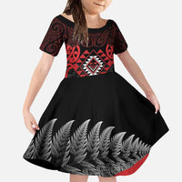 Aotearoa Kiwi Taniko Family Matching Short Sleeve Bodycon Dress and Hawaiian Shirt Silver Fern With Maori Koru Pattern LT14 Daughter's Dress Red - Polynesian Pride