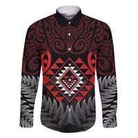 Aotearoa Kiwi Taniko Family Matching Short Sleeve Bodycon Dress and Hawaiian Shirt Silver Fern With Maori Koru Pattern LT14 Dad's Shirt - Long Sleeve Red - Polynesian Pride