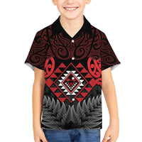Aotearoa Kiwi Taniko Family Matching Short Sleeve Bodycon Dress and Hawaiian Shirt Silver Fern With Maori Koru Pattern LT14 Son's Shirt Red - Polynesian Pride