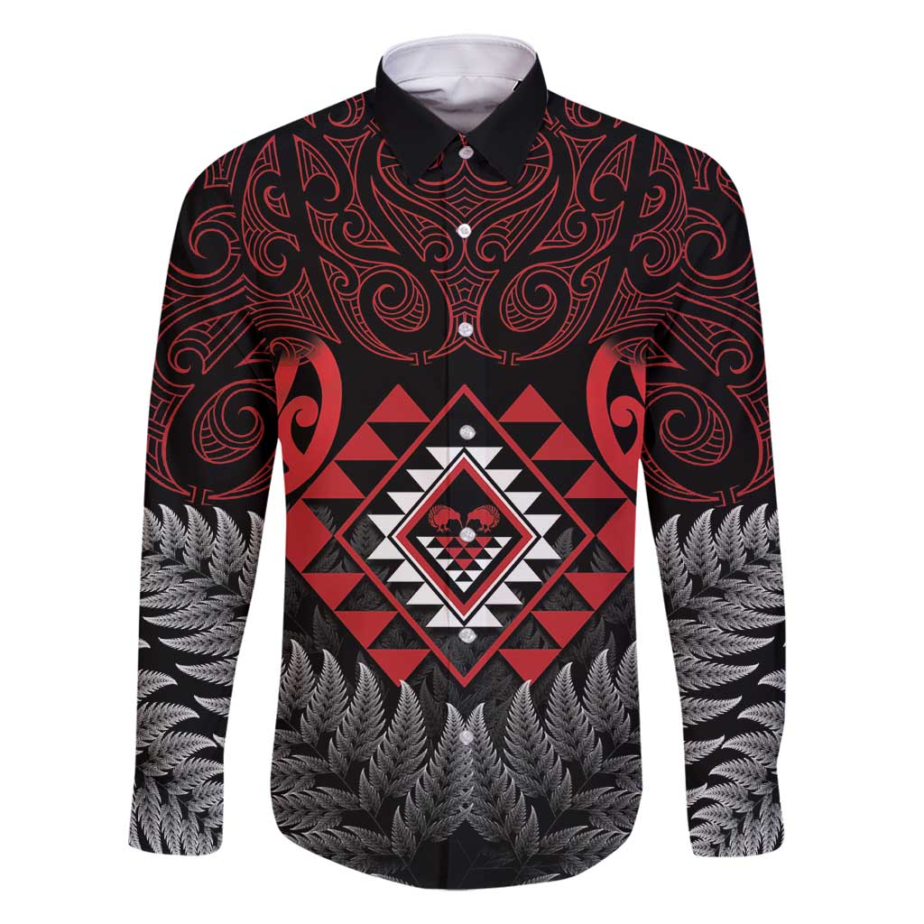 Aotearoa Kiwi Taniko Family Matching Tank Maxi Dress and Hawaiian Shirt Silver Fern With Maori Koru Pattern LT14 Dad's Shirt - Long Sleeve Red - Polynesian Pride