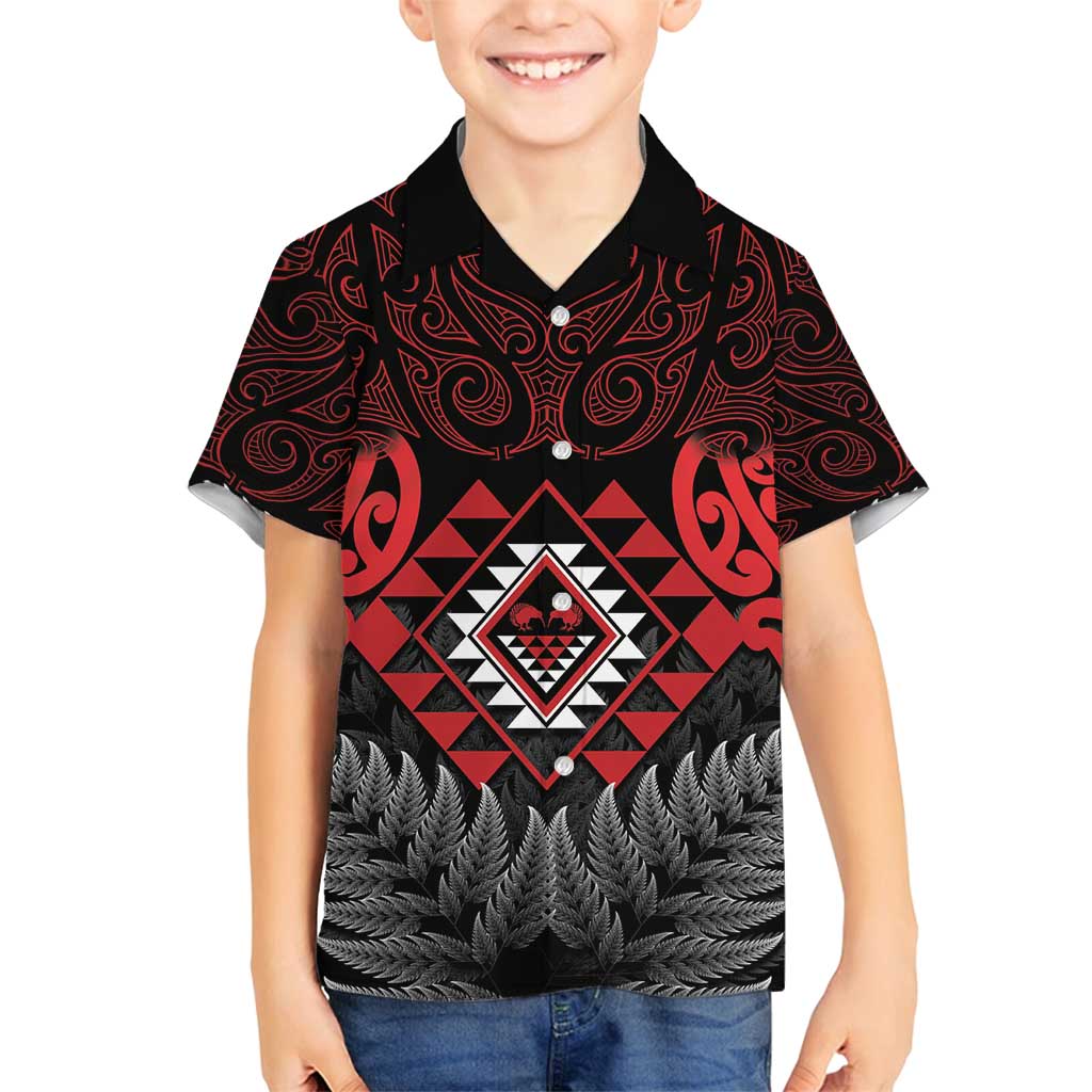 Aotearoa Kiwi Taniko Family Matching Tank Maxi Dress and Hawaiian Shirt Silver Fern With Maori Koru Pattern LT14 Son's Shirt Red - Polynesian Pride