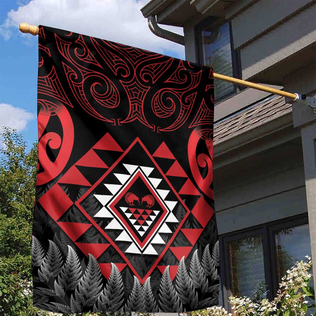 Aotearoa Kiwi Taniko Garden Flag Silver Fern With Maori Koru Pattern