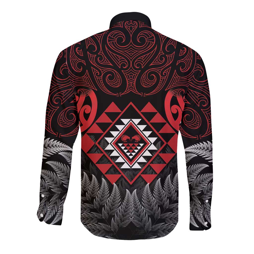 Aotearoa Kiwi Taniko Long Sleeve Button Shirt Silver Fern With Maori Koru Pattern