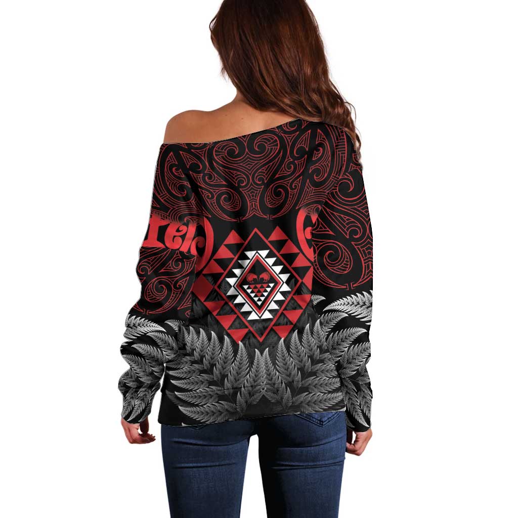 Aotearoa Kiwi Taniko Off Shoulder Sweater Silver Fern With Maori Koru Pattern