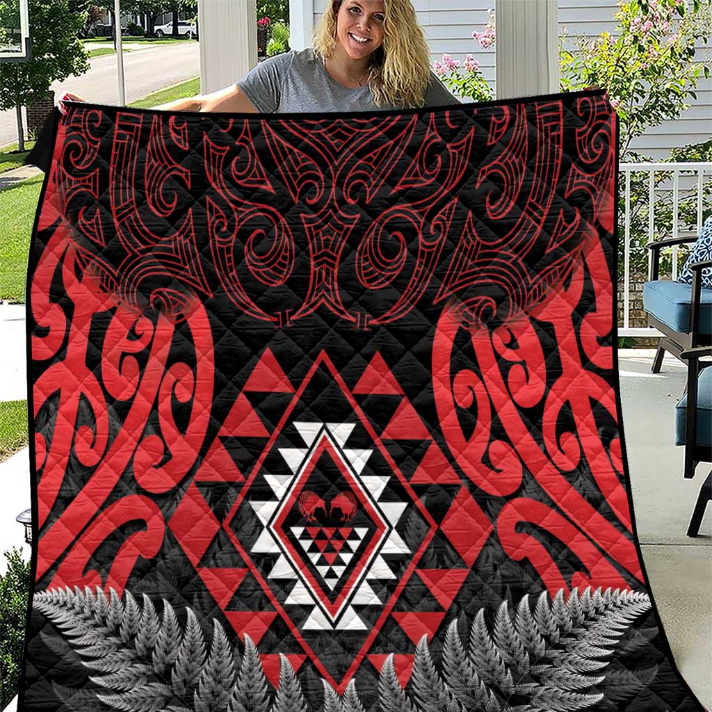 Aotearoa Kiwi Taniko Quilt Silver Fern With Maori Koru Pattern LT14 Red - Polynesian Pride