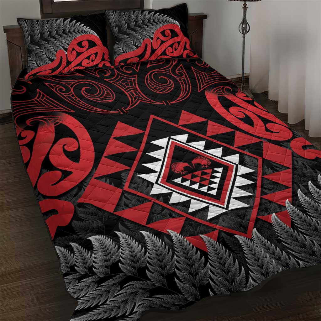 Aotearoa Kiwi Taniko Quilt Bed Set Silver Fern With Maori Koru Pattern LT14 Red - Polynesian Pride