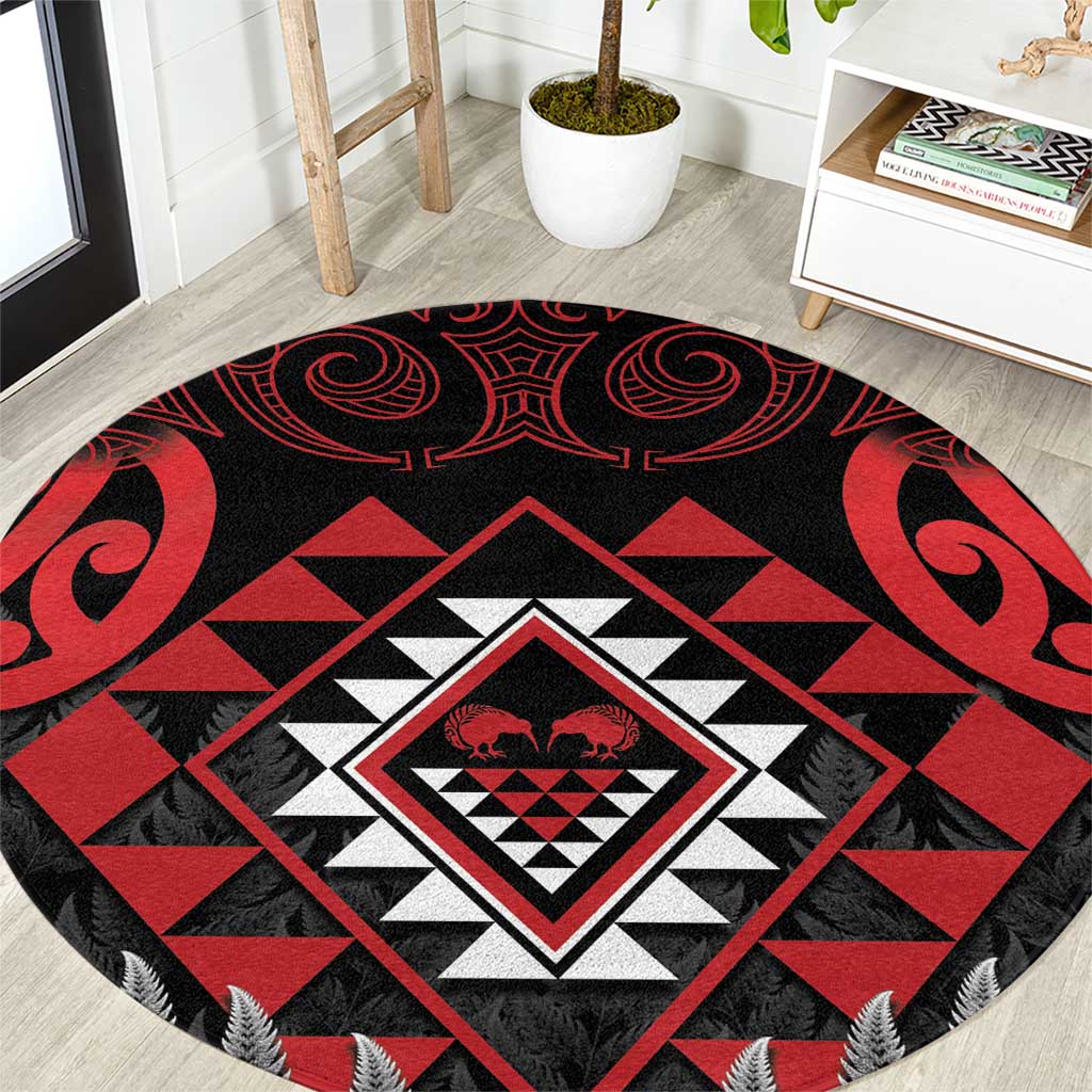 Aotearoa Kiwi Taniko Round Carpet Silver Fern With Maori Koru Pattern LT14 Red - Polynesian Pride