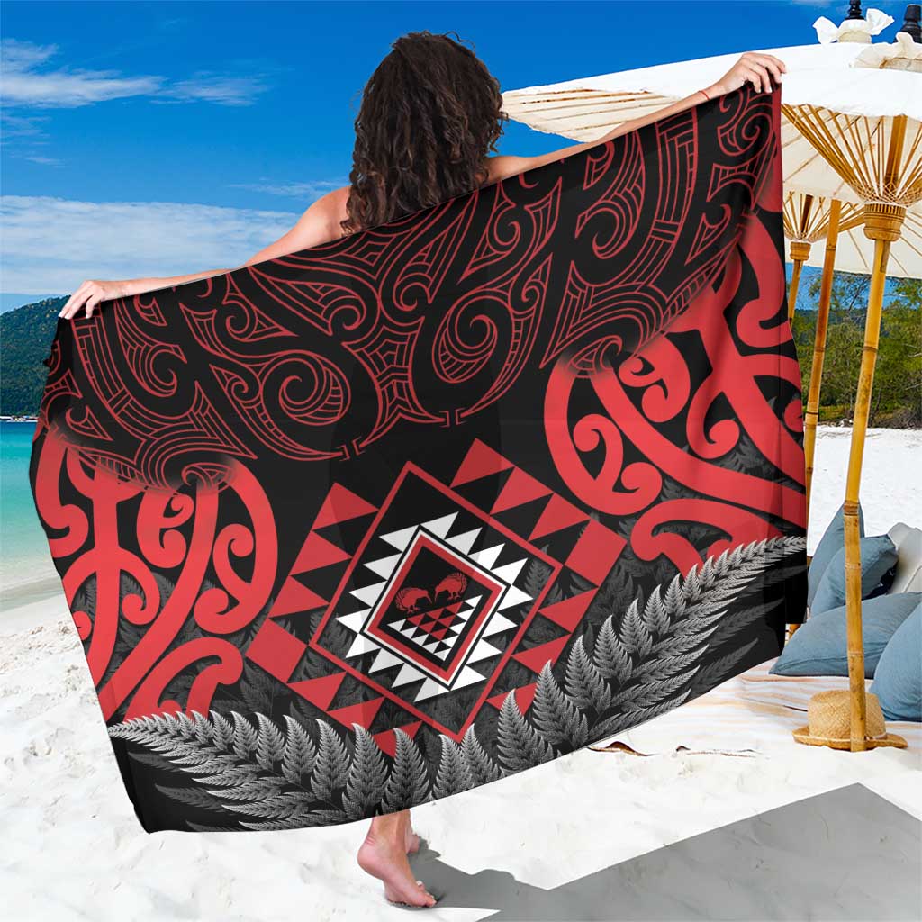 Aotearoa Kiwi Taniko Sarong Silver Fern With Maori Koru Pattern LT14 One Size 44 x 66 inches Red - Polynesian Pride
