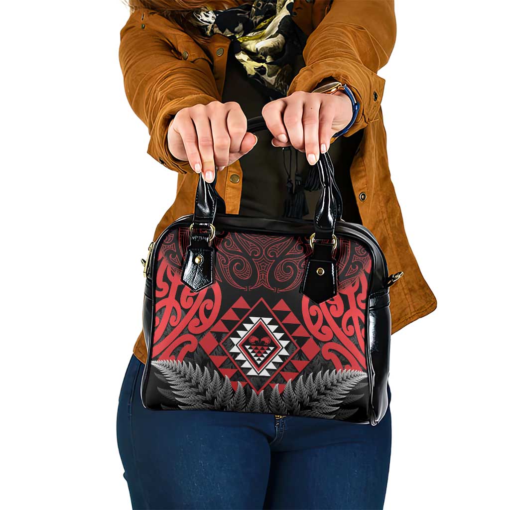 Aotearoa Kiwi Taniko Shoulder Handbag Silver Fern With Maori Koru Pattern LT14 One Size Red - Polynesian Pride