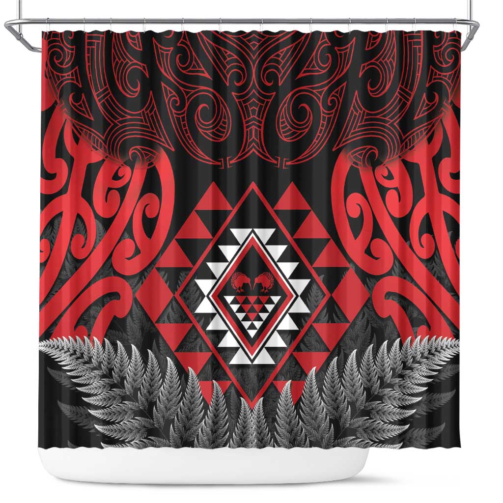 Aotearoa Kiwi Taniko Shower Curtain Silver Fern With Maori Koru Pattern LT14 Red - Polynesian Pride