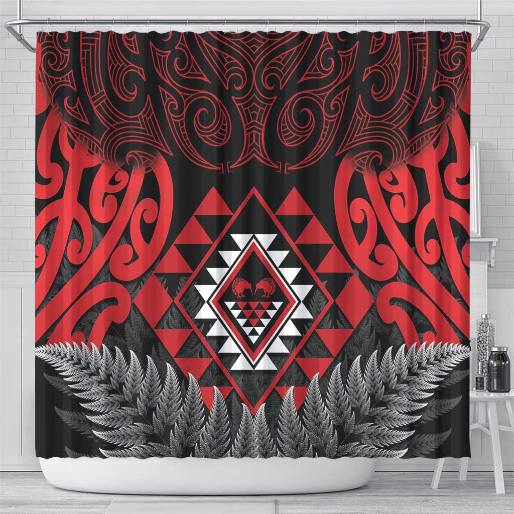 Aotearoa Kiwi Taniko Shower Curtain Silver Fern With Maori Koru Pattern LT14 - Polynesian Pride
