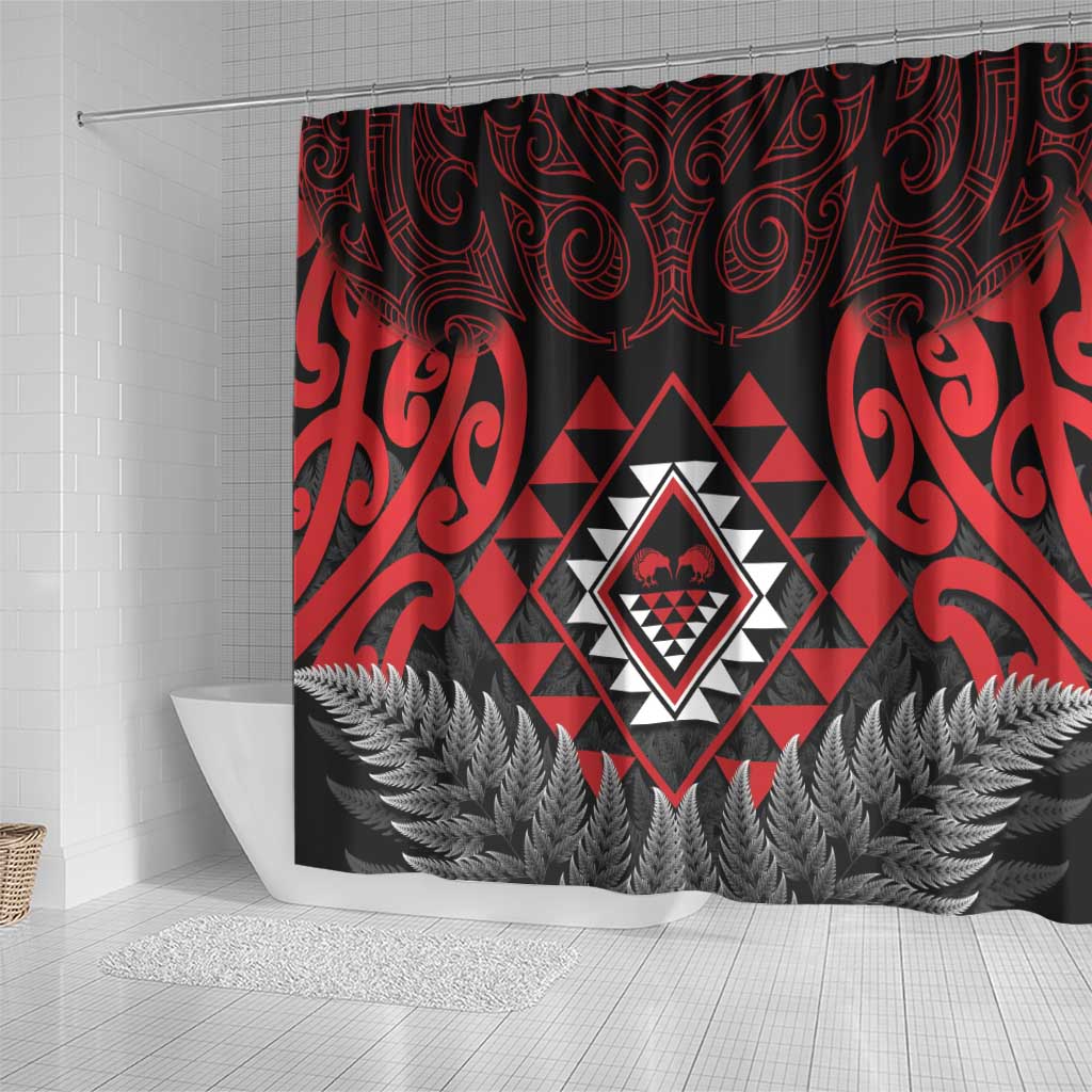 Aotearoa Kiwi Taniko Shower Curtain Silver Fern With Maori Koru Pattern LT14 - Polynesian Pride
