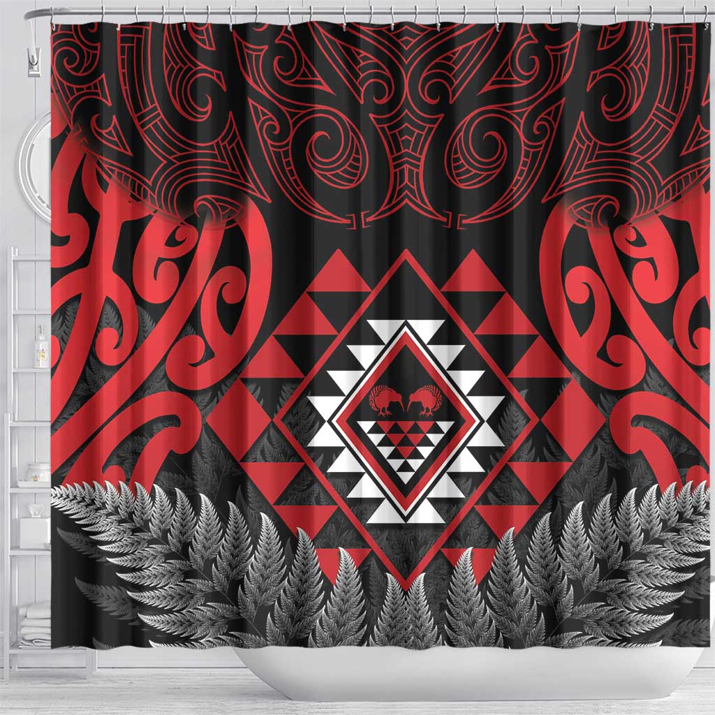 Aotearoa Kiwi Taniko Shower Curtain Silver Fern With Maori Koru Pattern LT14 - Polynesian Pride