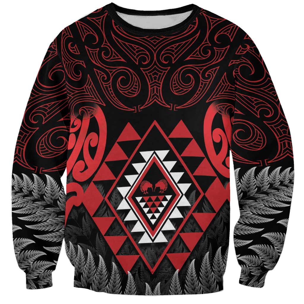 Aotearoa Kiwi Taniko Sweatshirt Silver Fern With Maori Koru Pattern