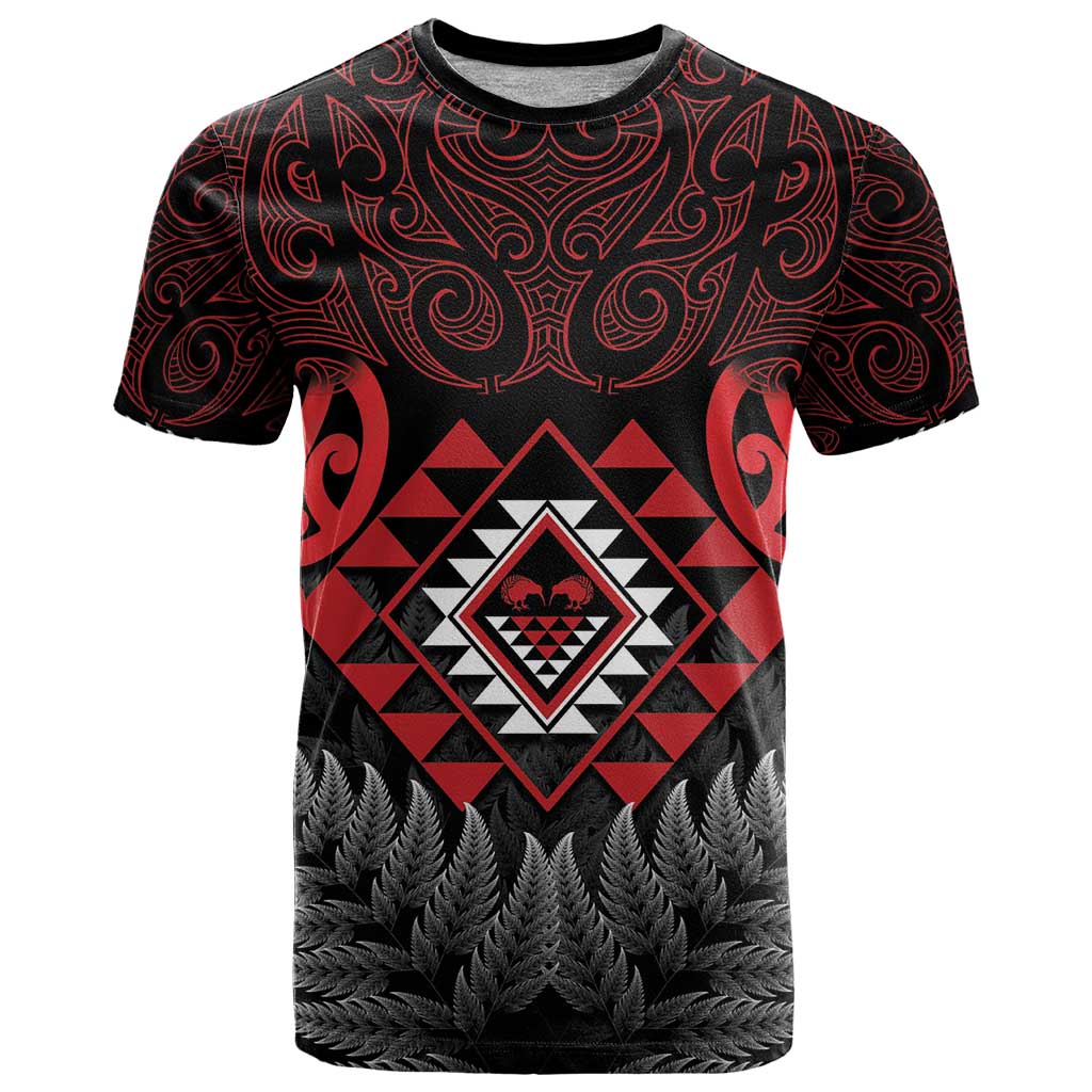 Aotearoa Kiwi Taniko T Shirt Silver Fern With Maori Koru Pattern