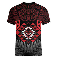 Aotearoa Kiwi Taniko Women V-Neck T-Shirt Silver Fern With Maori Koru Pattern