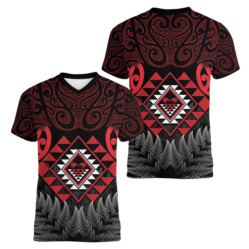 Aotearoa Kiwi Taniko Women V-Neck T-Shirt Silver Fern With Maori Koru Pattern