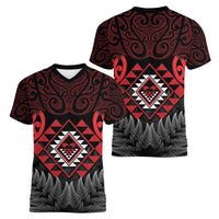 Aotearoa Kiwi Taniko Women V-Neck T-Shirt Silver Fern With Maori Koru Pattern