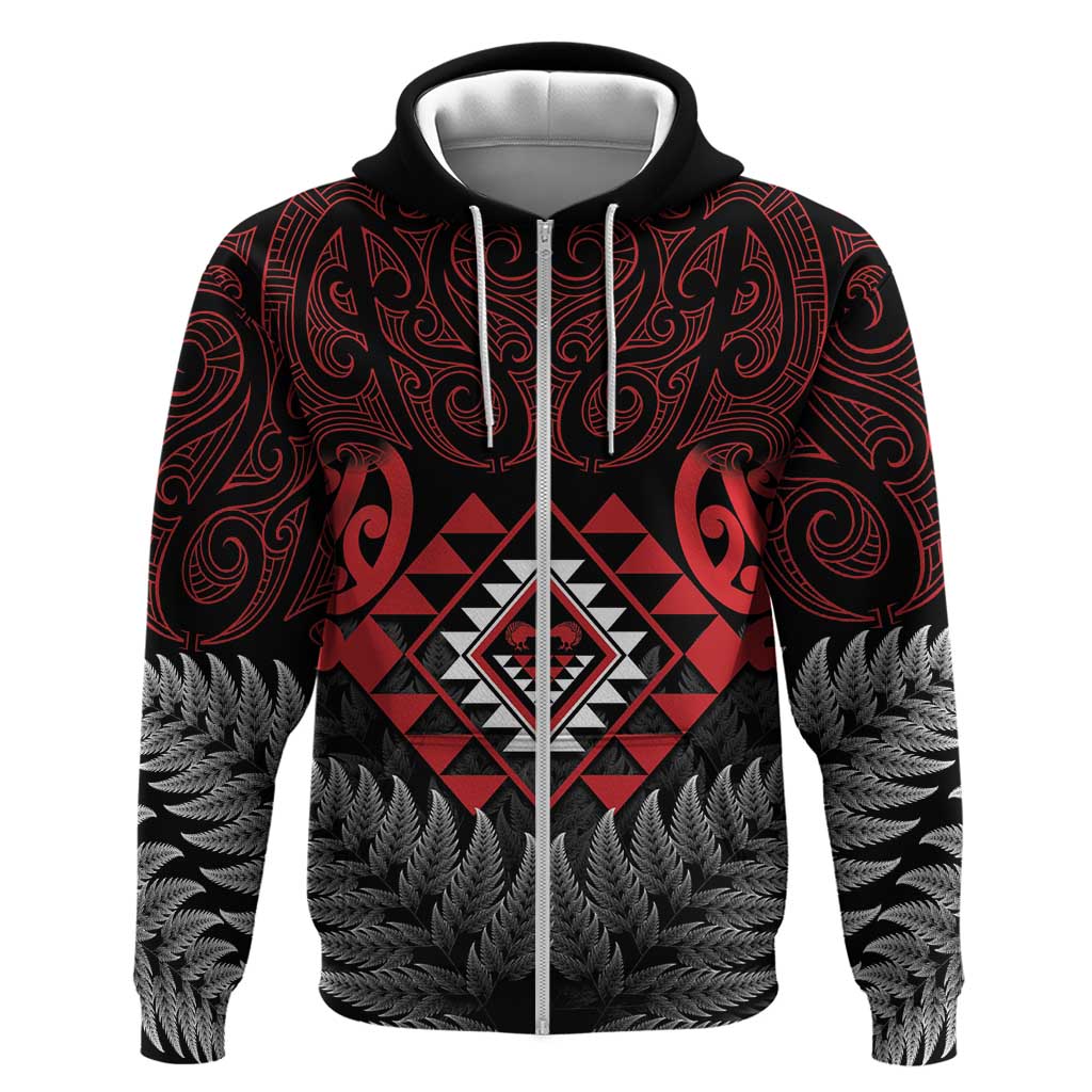 Aotearoa Kiwi Taniko Zip Hoodie Silver Fern With Maori Koru Pattern LT14 Zip Hoodie Red - Polynesian Pride