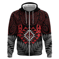 Aotearoa Kiwi Taniko Zip Hoodie Silver Fern With Maori Koru Pattern LT14 Zip Hoodie Red - Polynesian Pride