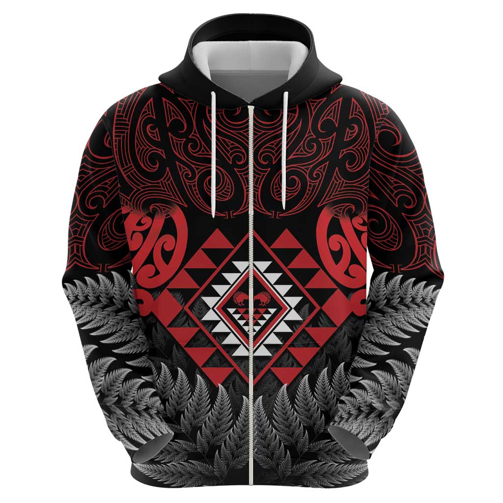 Aotearoa Kiwi Taniko Zip Hoodie Silver Fern With Maori Koru Pattern LT14 - Polynesian Pride