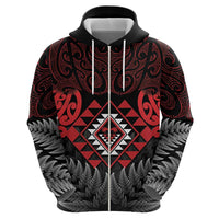 Aotearoa Kiwi Taniko Zip Hoodie Silver Fern With Maori Koru Pattern LT14 - Polynesian Pride