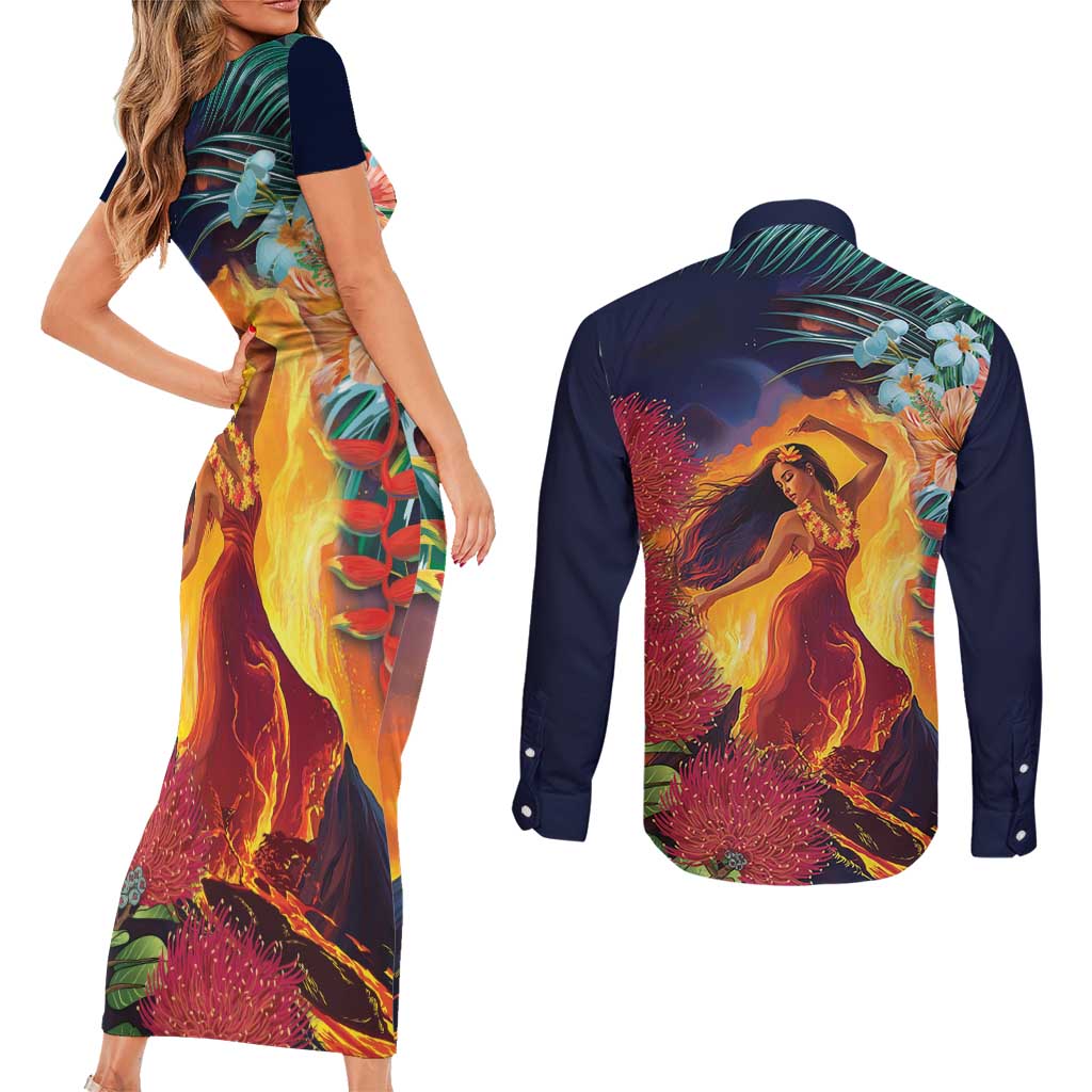 Hawaii Kilauea Big Islands Couples Matching Short Sleeve Bodycon Dress and Long Sleeve Button Shirt Pele Goddess With Tropical Flowers