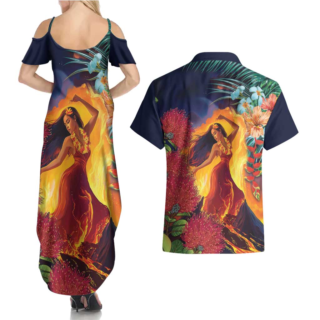 Hawaii Kilauea Big Islands Couples Matching Summer Maxi Dress and Hawaiian Shirt Pele Goddess With Tropical Flowers