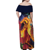 Hawaii Kilauea Big Islands Family Matching Off Shoulder Maxi Dress and Hawaiian Shirt Pele Goddess With Tropical Flowers