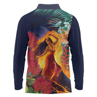 Hawaii Kilauea Big Islands Long Sleeve Polo Shirt Pele Goddess With Tropical Flowers