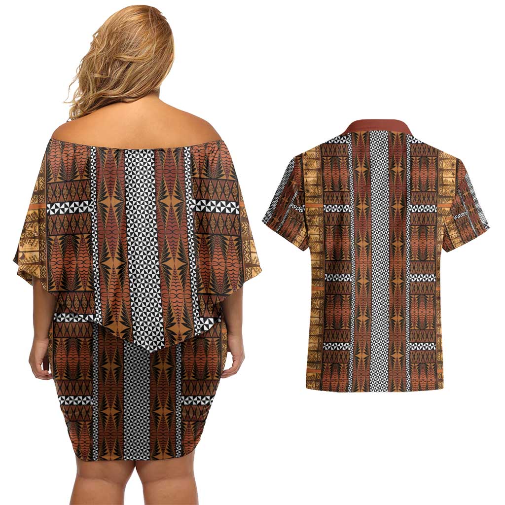 Malo e Lelei Tonga Couples Matching Off Shoulder Short Dress and Hawaiian Shirt Tongan Ngatu Tapa Cloth - Polynesian Pride