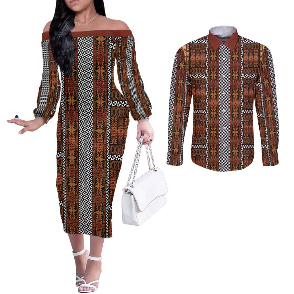 Malo e Lelei Tonga Couples Matching Off The Shoulder Long Sleeve Dress and Long Sleeve Button Shirt Tongan Ngatu Tapa Cloth LT14 Orange - Polynesian Pride