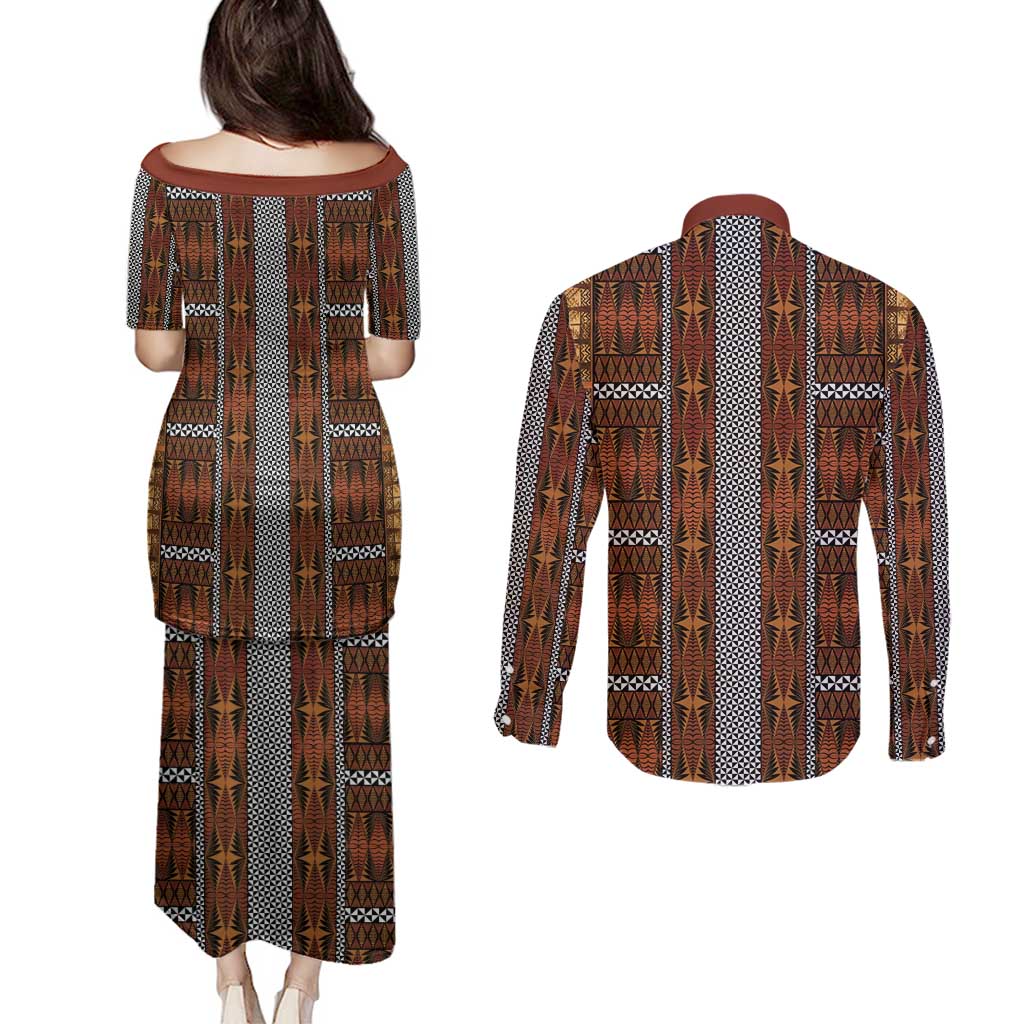 Malo e Lelei Tonga Couples Matching Puletasi and Long Sleeve Button Shirt Tongan Ngatu Tapa Cloth LT14 - Polynesian Pride