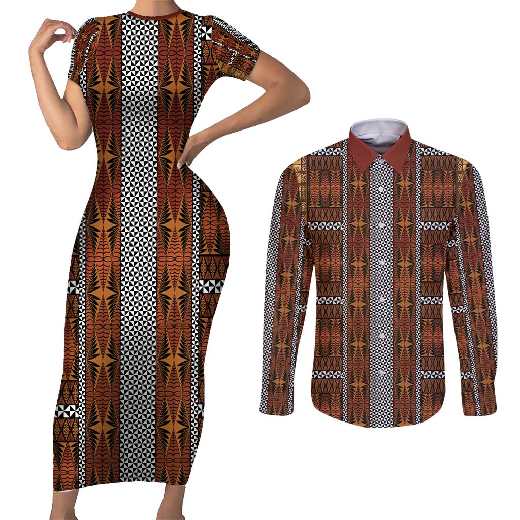 Malo e Lelei Tonga Couples Matching Short Sleeve Bodycon Dress and Long Sleeve Button Shirt Tongan Ngatu Tapa Cloth LT14 Orange - Polynesian Pride