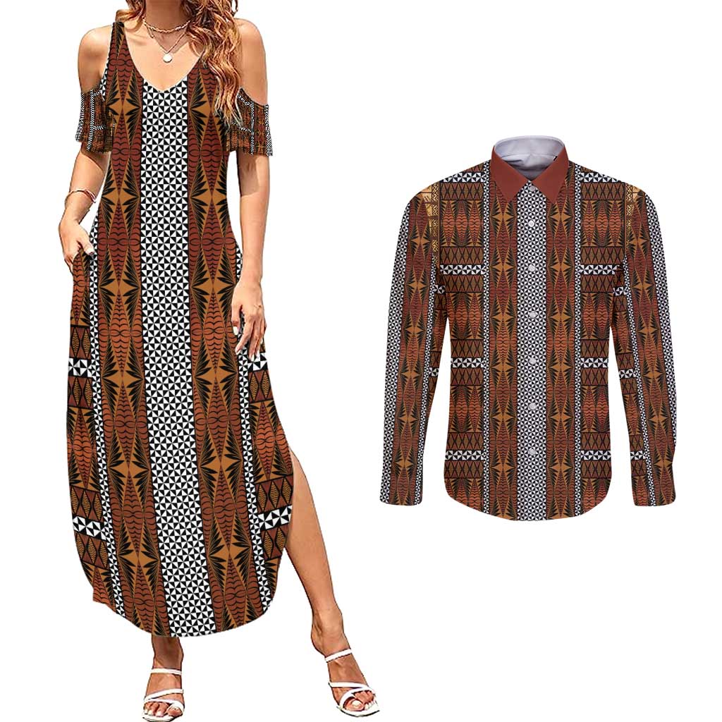 Malo e Lelei Tonga Couples Matching Summer Maxi Dress and Long Sleeve Button Shirt Tongan Ngatu Tapa Cloth LT14 Orange - Polynesian Pride